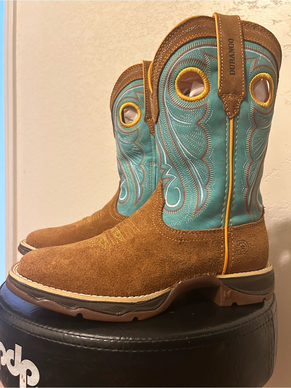 Durango Woman’s Brown Suede Boots with Turquoise Shaft and Yellow Trim